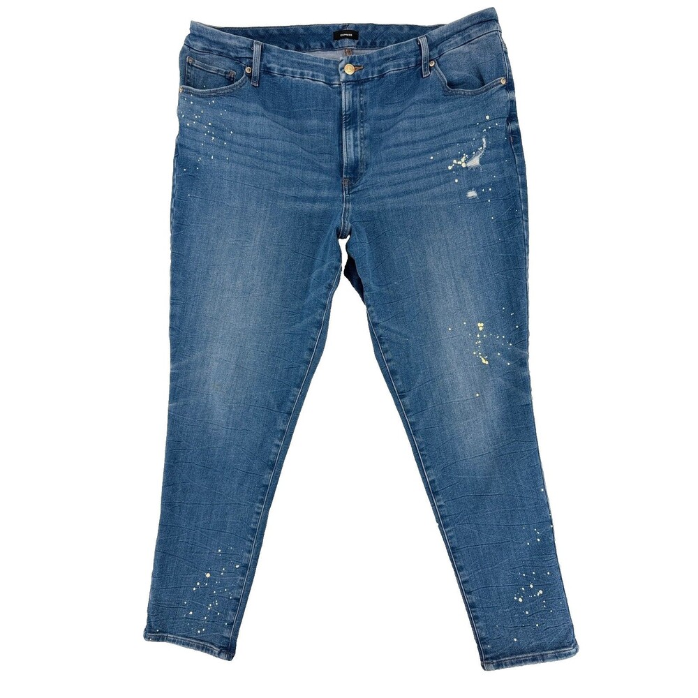 Express Womens‎ High Rise Slim Jeans Blue Paint Splatter Distressed Size 18